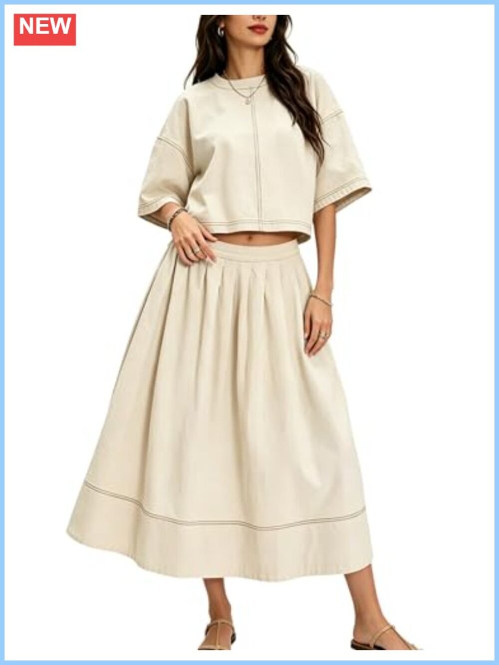Pleated A-Line Midi Skirt Set Cropped Top 2 Piece Cotton Boxy Fit Summer
